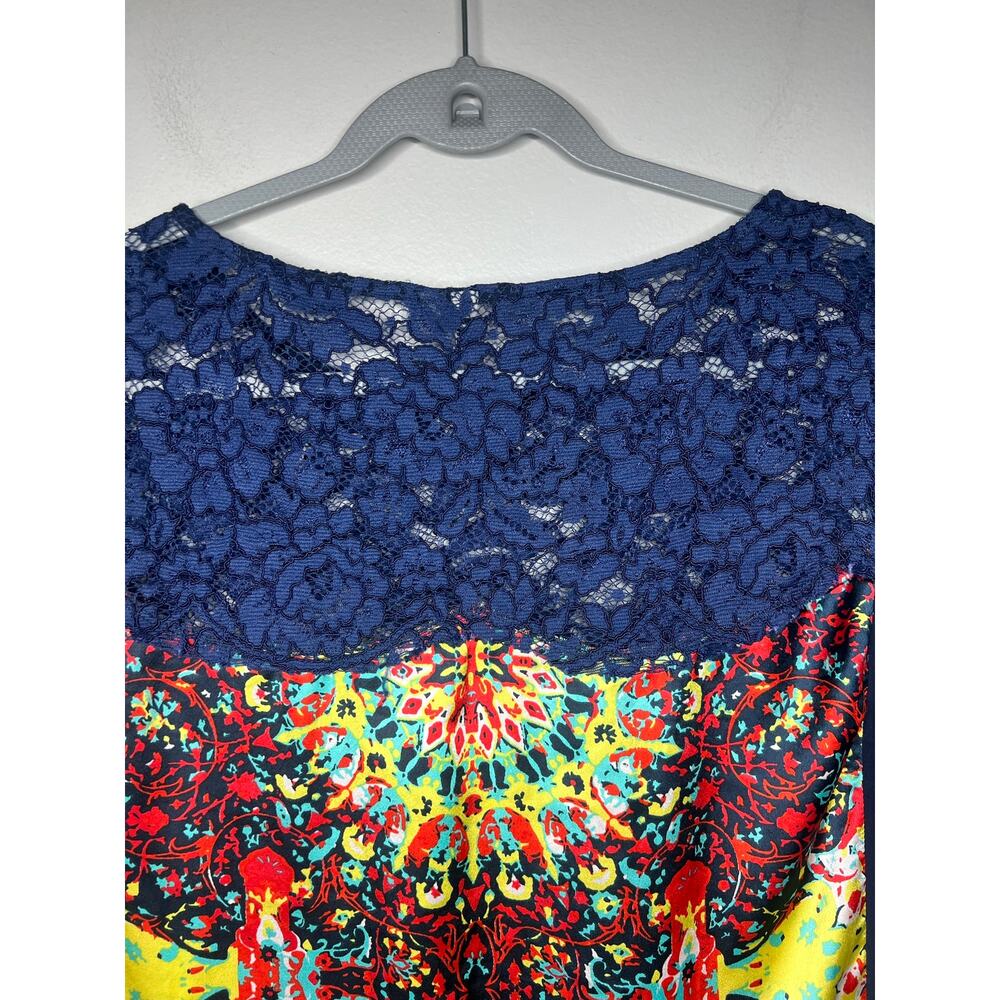 KUT from the Kloth Sleeveless Blouse Navy Lace Multicolor Print Sz L Boho Artsy - Picture 2 of 8